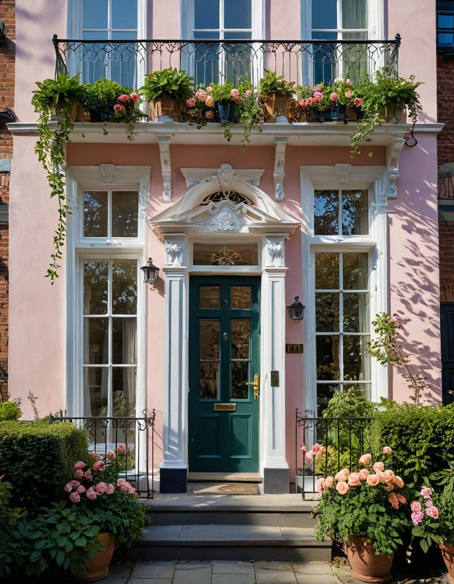 A beautifully transformed Georgian terrace showcasing elegant design features such as large sash windows, intricate cornices, and a lush balcony garden brimming with colorful flowers. The interior glimpse reveals a stylish living space with modern furniture and warm lighting, inviting and cozy ambiance. The terrace exudes sophistication with pastel-colored walls and tasteful decor accents. Light filtering through the greenery adds an enchanting atmosphere. vibrant colors. super-realistic.