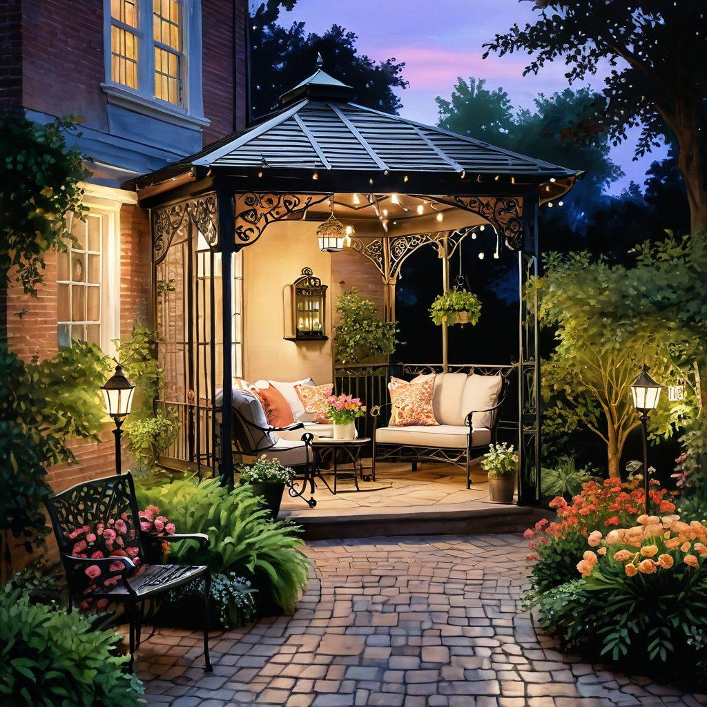 A beautifully curated Georgian-style outdoor space featuring elegant wrought-iron furniture, lush potted plants, and gentle string lights hanging above. The setting includes a charming gazebo adorned with floral decorations, inviting seating arrangements, and a classic cobblestone pathway. Soft twilight ambiance to evoke a cozy social gathering atmosphere. watercolor painting. vibrant colors.