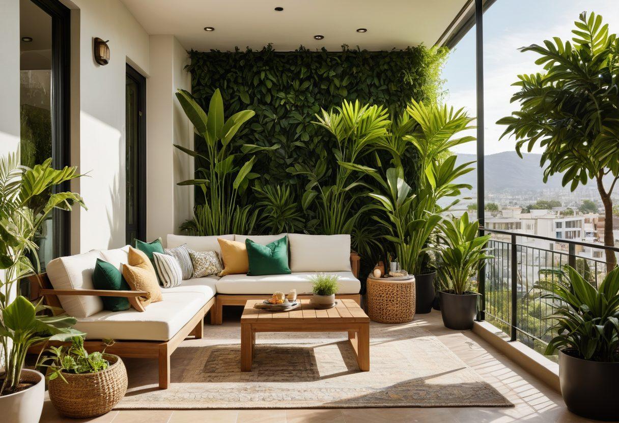 A serene balcony filled with lush green plants and stylish outdoor furniture, seamlessly blending into an elegant interior space featuring modern decor, cozy seating areas, and warm lighting. Include bright cushions and a book, creating a sense of comfort and inspiration. The transition from outdoor bliss to indoor style should be visually stunning. vibrant colors. super-realistic. natural lighting.